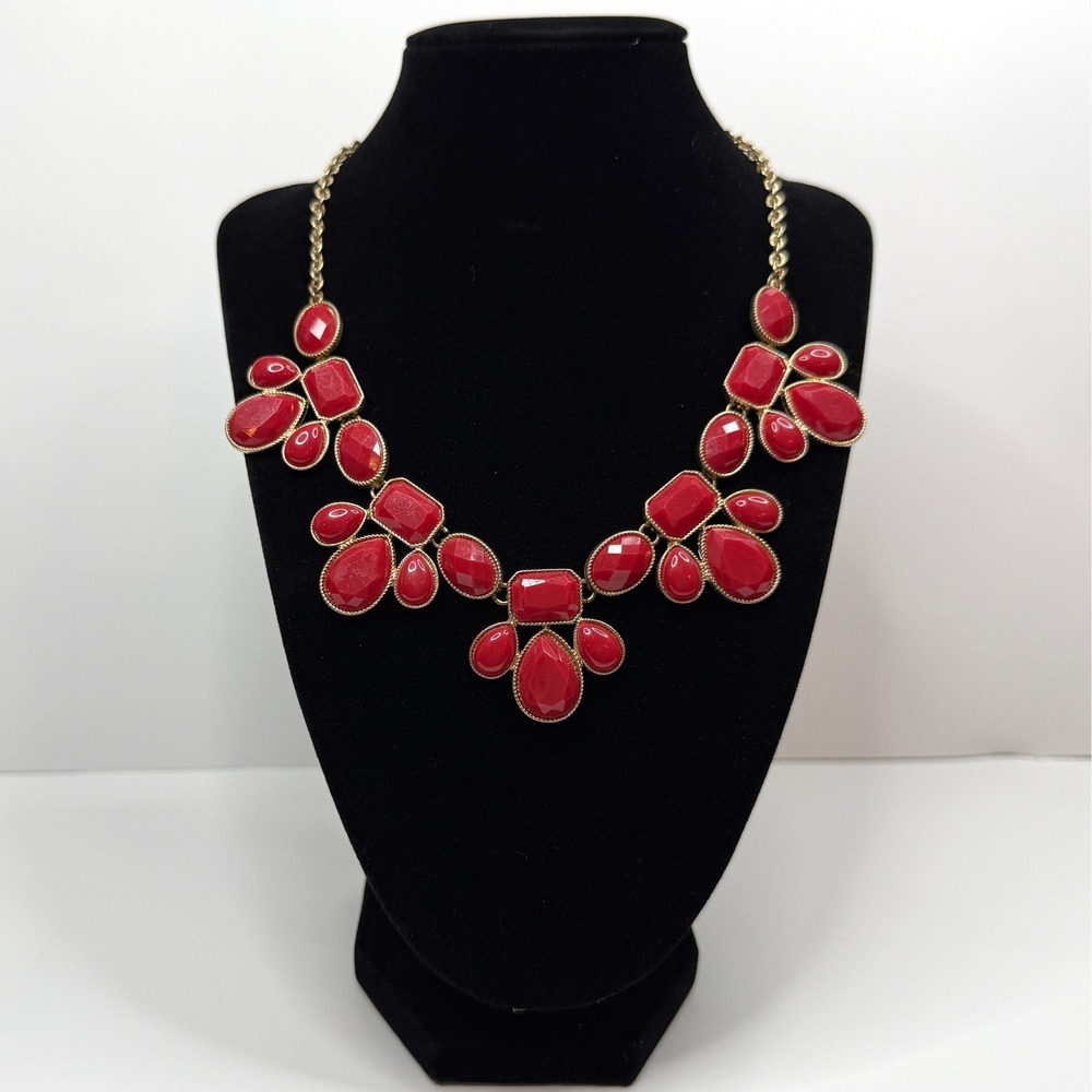 Faceted Gemstone Bib Necklace Gold Chain Acrylic Cabochon Jewelry 20.5 in L